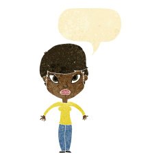 cartoon woman shrugging shoulders with speech bubble N44