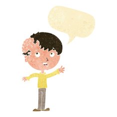cartoon boy with growth on head speech bubble N3