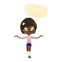 cartoon woman making balancing gesture with speech bubble