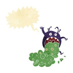 cartoon gross monster being sick with speech bubble
