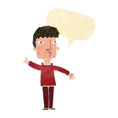cartoon man raising point with speech bubble