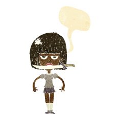 cartoon woman with knife between teeth speech bubble N4