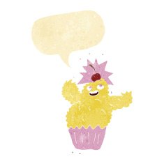 cartoon cupcake monster with speech bubble