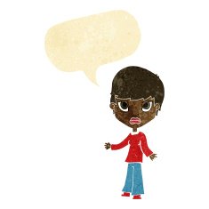 cartoon woman shrugging shoulders with speech bubble N50