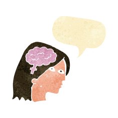 cartoon female head with brain symbol speech bubble N3