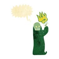cartoon waving halloween ghoul with speech bubble