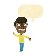 cartoon grinning man with idea speech bubble
