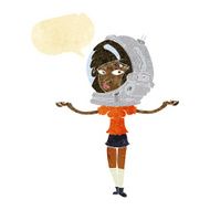 cartoon woman wearing space helmet with speech bubble