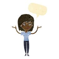 cartoon woman shrugging with speech bubble N7