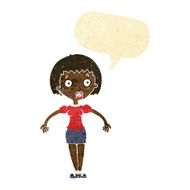 cartoon confused woman shrugging shoulders with speech bubble
