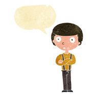 cartoon staring boy with folded arms speech bubble N2