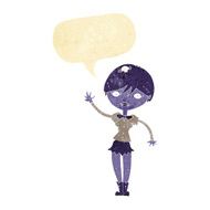 cartoon vampire girl waving with speech bubble