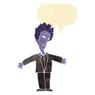 cartoon happy vampire with speech bubble