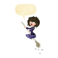 cartoon witch riding broomstick with speech bubble N4