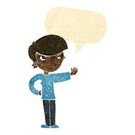 cartoon woman waving with speech bubble N33
