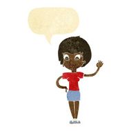 cartoon woman waving with speech bubble N34