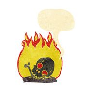 cartoon burning old bones with speech bubble