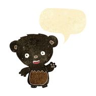 cartoon black bearcub waving with speech bubble
