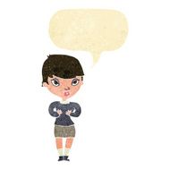 cartoon woman gesturing at self with speech bubble N5