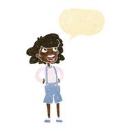 cartoon woman in dungarees with speech bubble
