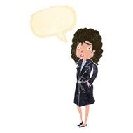 cartoon woman in trench coat with speech bubble N2