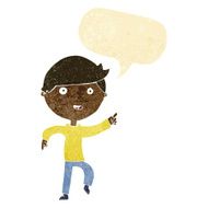 cartoon happy pointing with speech bubble