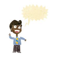 cartoon school boy raising hand with speech bubble