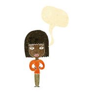 cartoon woman indicating self with speech bubble