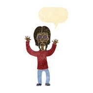 cartoon hippie man waving arms with speech bubble