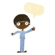 cartoon happy waving boy with speech bubble