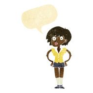 cartoon surprised woman with hands on hips speech bubble
