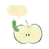 cartoon bug eating apple with speech bubble N2