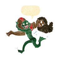 cartoon swamp monster carrying girl in bikini with speech bubble
