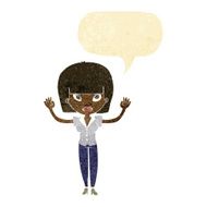cartoon woman with raised hands speech bubble