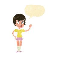 cartoon pretty girl waving with speech bubble N6