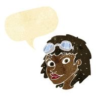 cartoon happy woman wearing aviator goggles with speech bubble N2