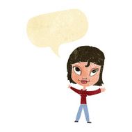 cartoon happy woman waving arms with speech bubble N2