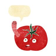 cartoon tomato with worm speech bubble