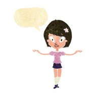 cartoon woman making balancing gesture with speech bubble N2