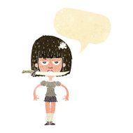 cartoon woman with knife between teeth speech bubble N8