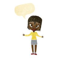 cartoon woman shrugging shoulders with speech bubble N78