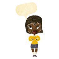 cartoon woman gesturing at self with speech bubble N6