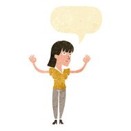 cartoon woman throwing hands in air with speech bubble N2