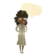 cartoon woman in trench coat with speech bubble N3