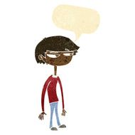 cartoon suspicious boy with speech bubble