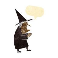 cartoon ugly old witch with speech bubble