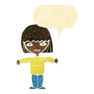 cartoon woman with open arms speech bubble N17