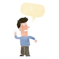 cartoon man making peace sign with speech bubble N2