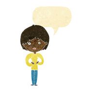 cartoon woman making Who Me? gesture with speech bubble N8