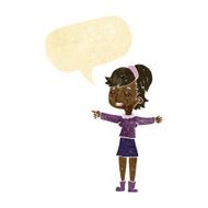 cartoon happy woman pointing with speech bubble N11